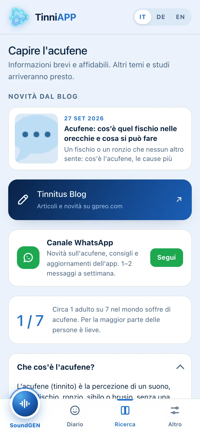 TinniAPP: sezione Ricerca, capire l'acufene