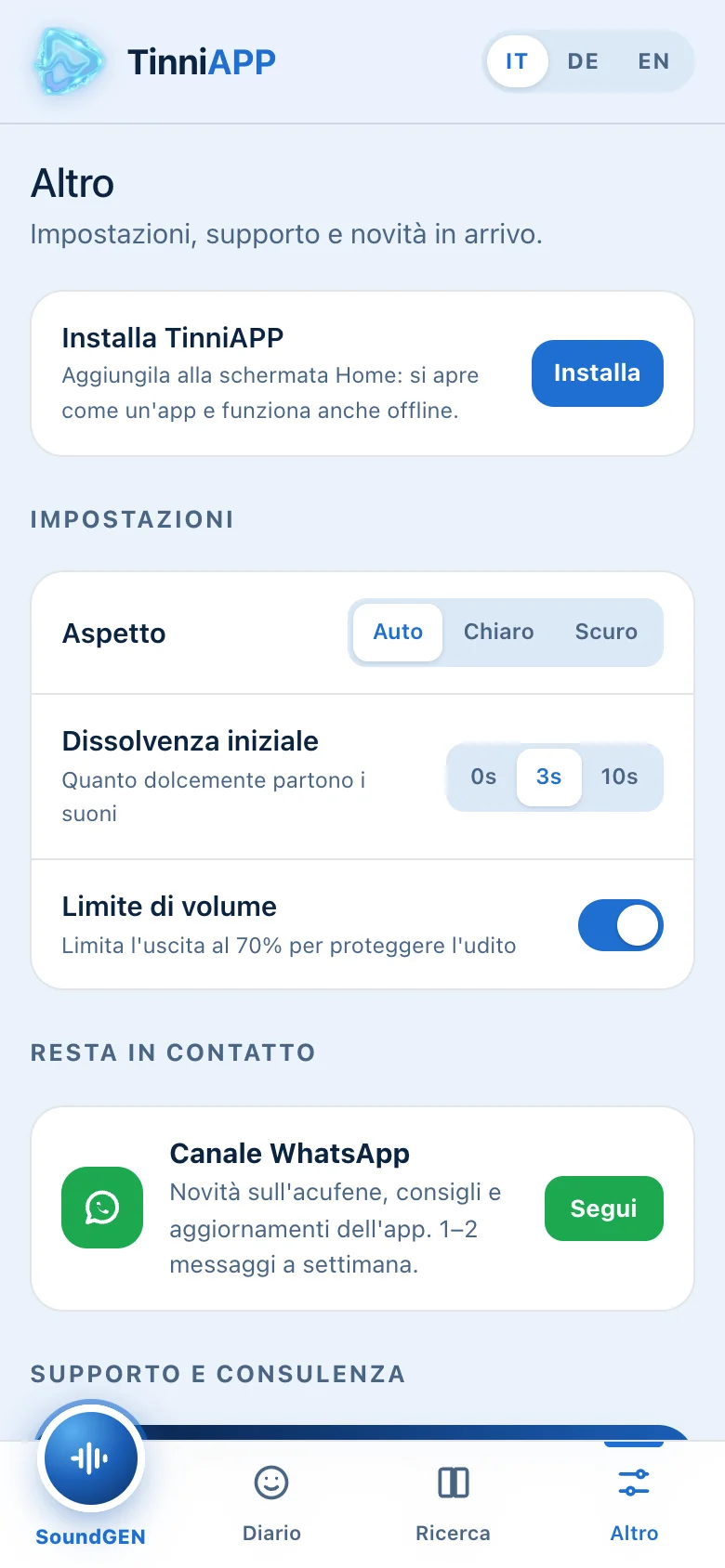 TinniAPP: impostazioni e supporto