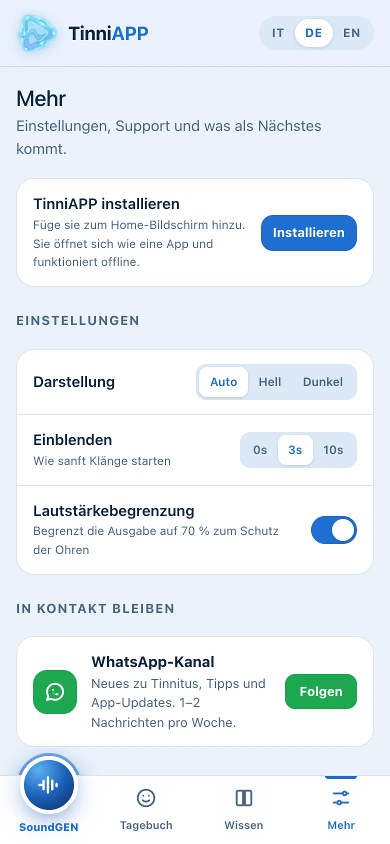 TinniAPP: Einstellungen und Support