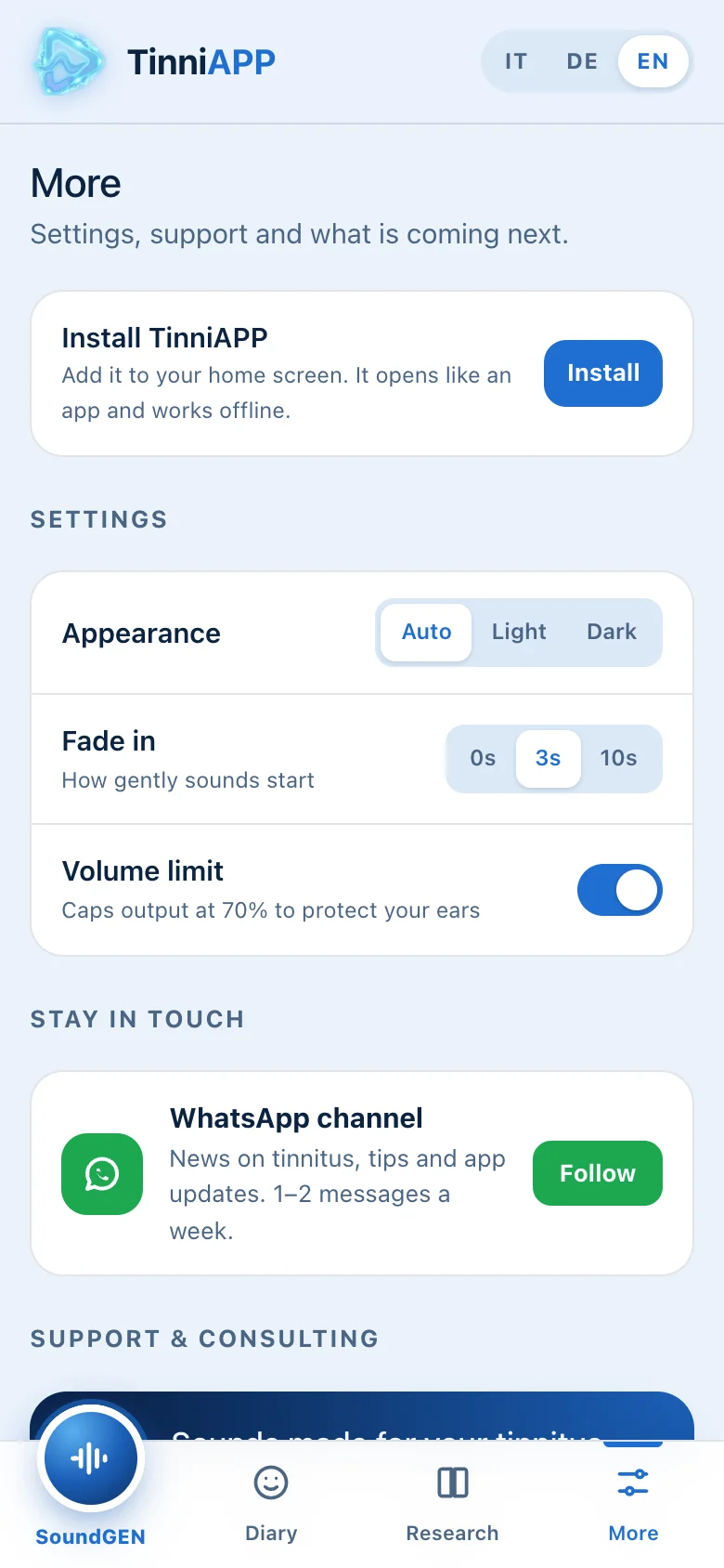 TinniAPP: settings and support