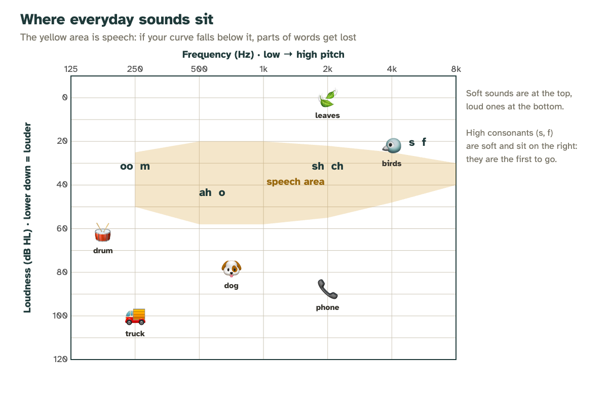 Where everyday sounds sit on the audiogram: leaves and birds at the top, dog, phone and truck at the bottom, with the speech area highlighted in yellow