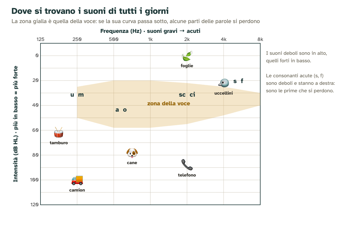Dove si trovano i suoni di tutti i giorni sull'audiogramma: foglie e uccellini in alto, cane, telefono e camion in basso, con la zona della voce evidenziata in giallo