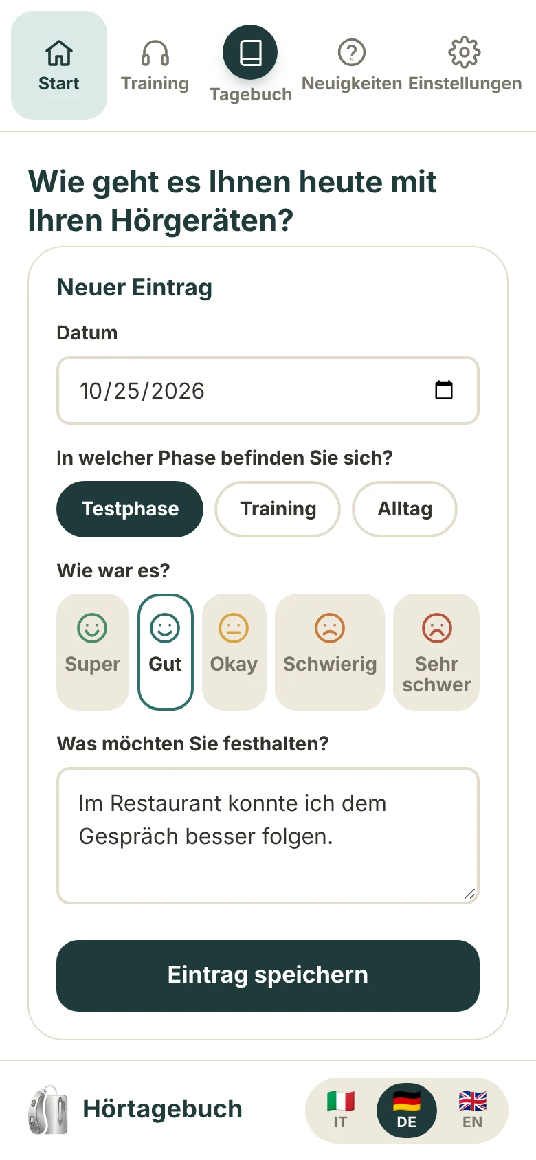 Startbildschirm des Hörtagebuchs