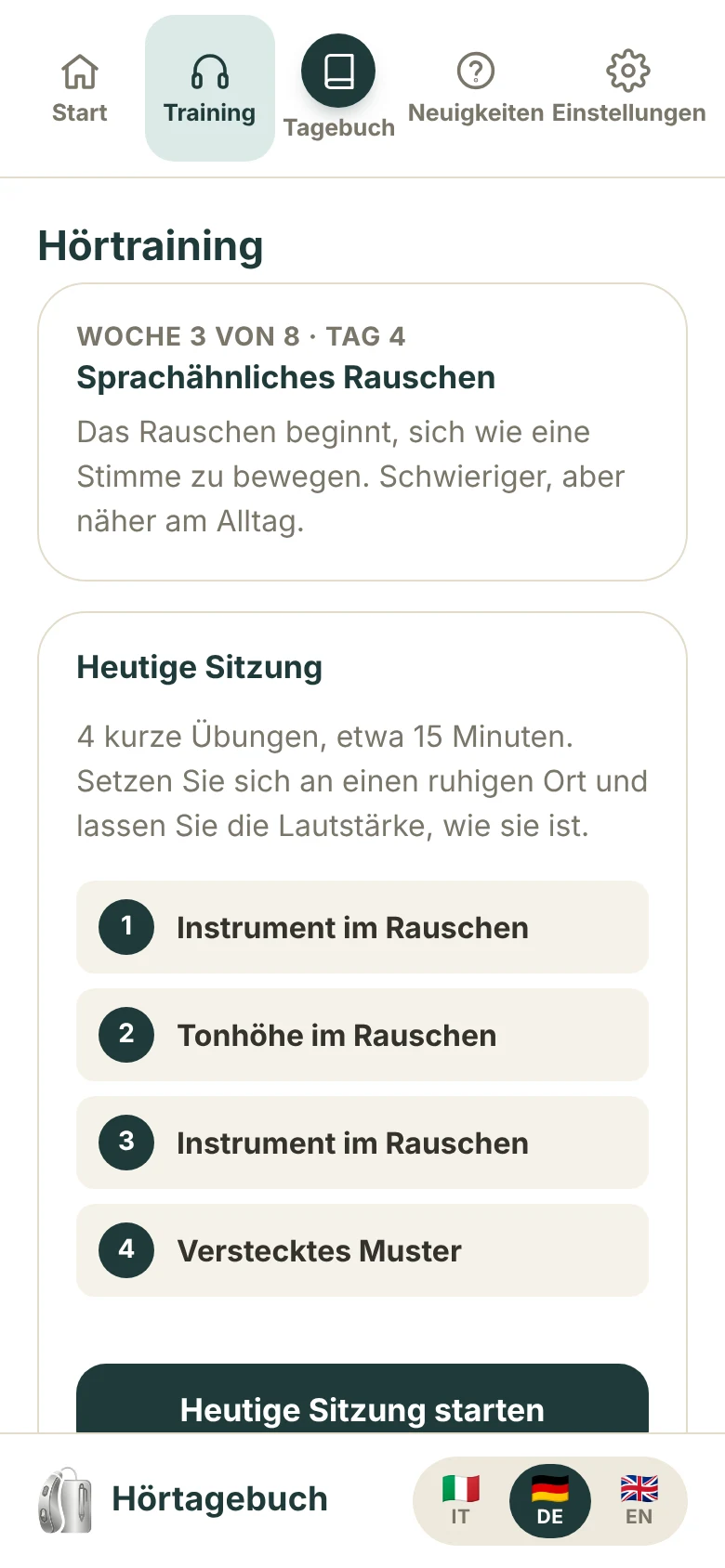 Die App Hörtagebuch: das heutige Training