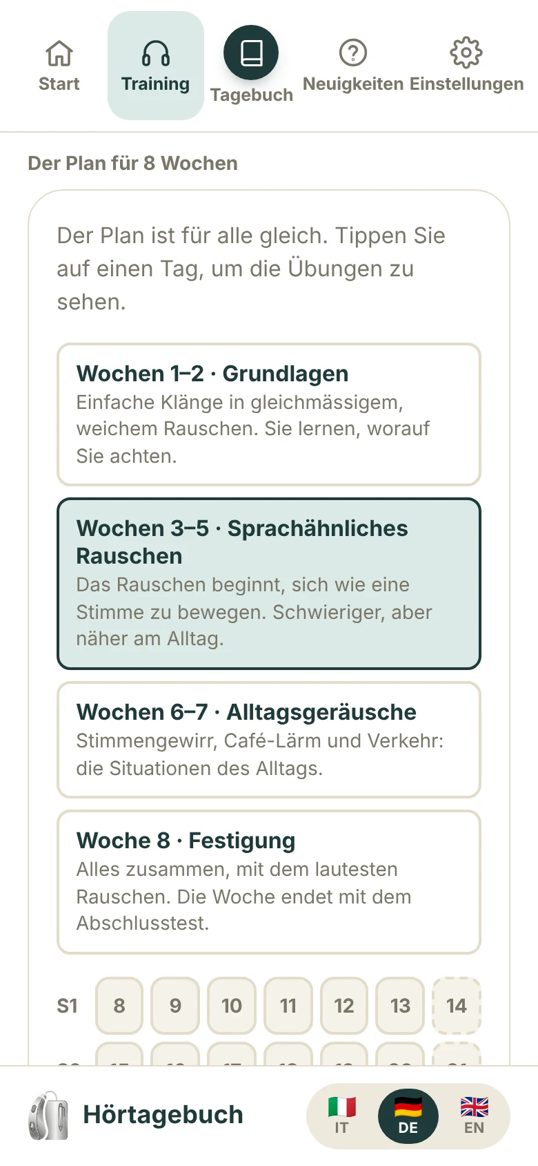 Der Plan für 8 Wochen mit Kalender