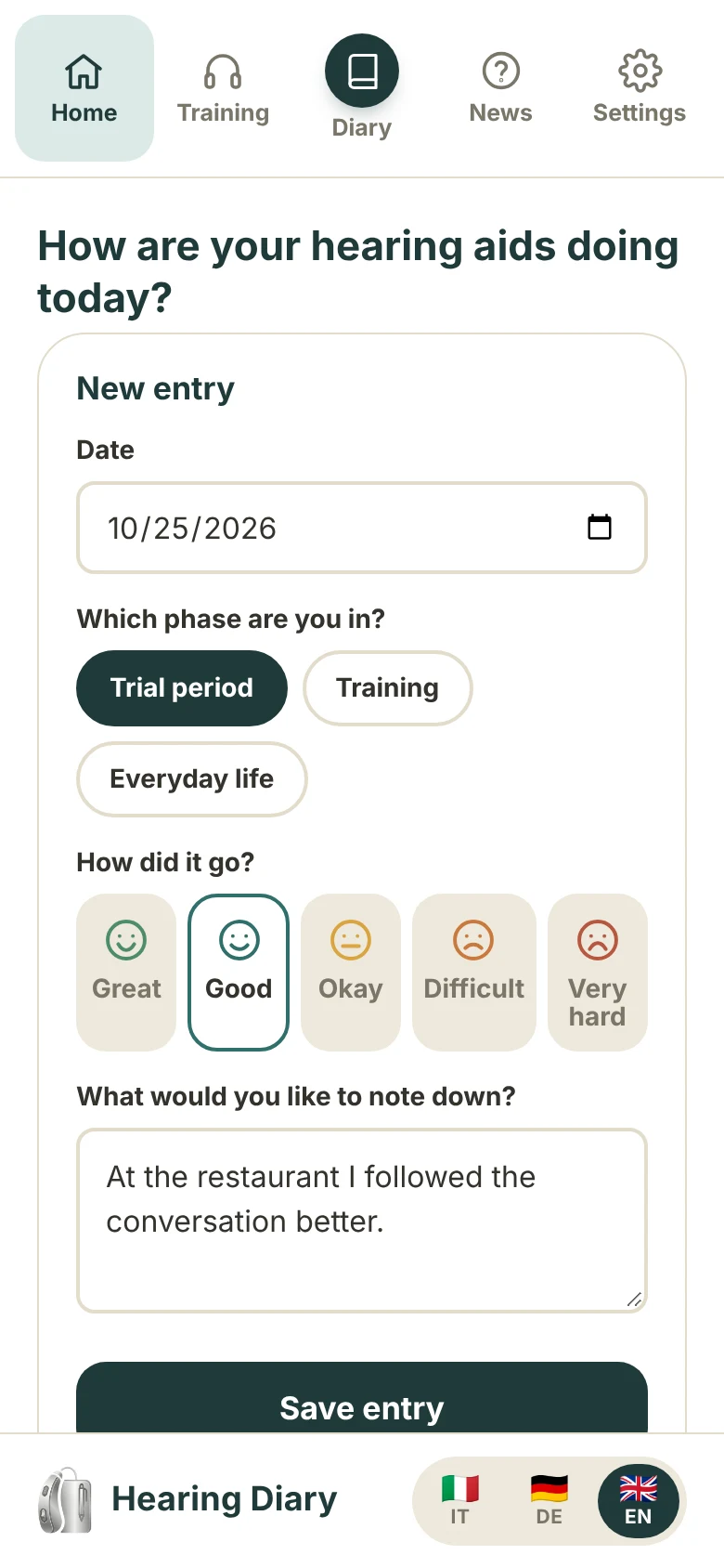 Home screen of the Hearing Diary