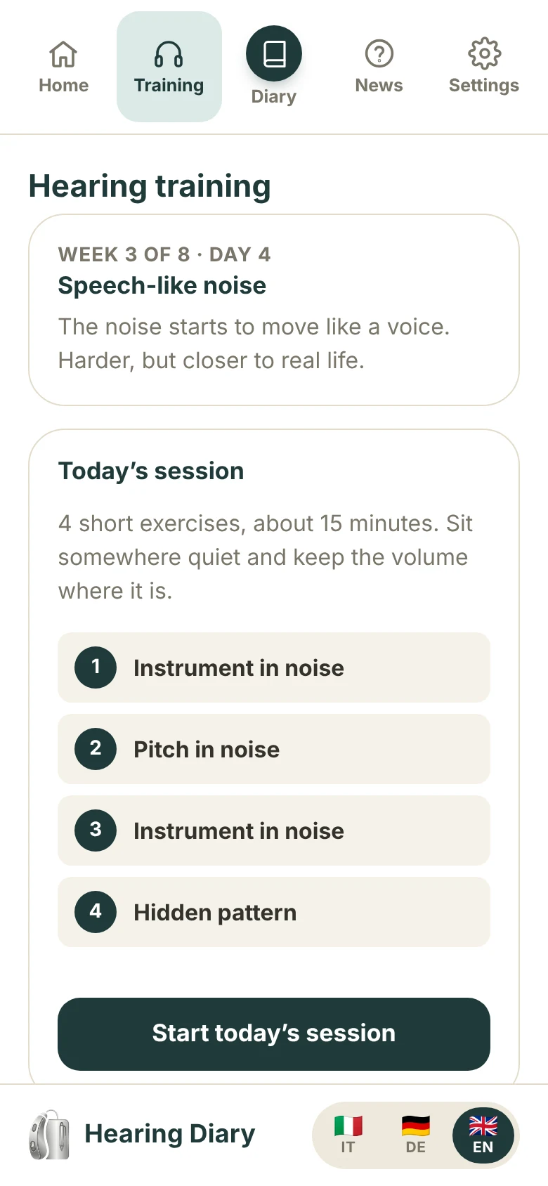 The Hearing Diary app: today's training