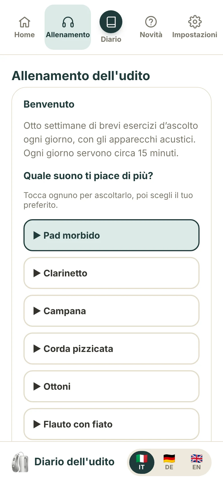 Schermata di benvenuto dell’Allenamento