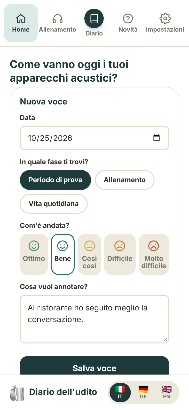 Schermata iniziale del Diario dell'udito
