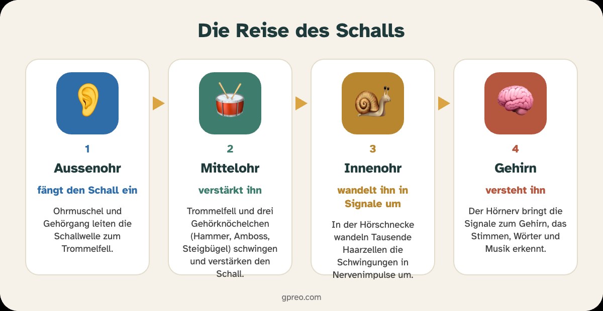 Infografik: die Reise des Schalls – Aussenohr, Mittelohr, Innenohr, Gehirn